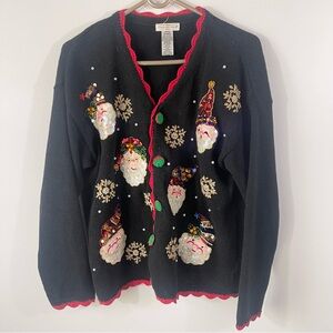 Vintage Holiday Beaded Santa Christmas Sweater Cardigan Size Large